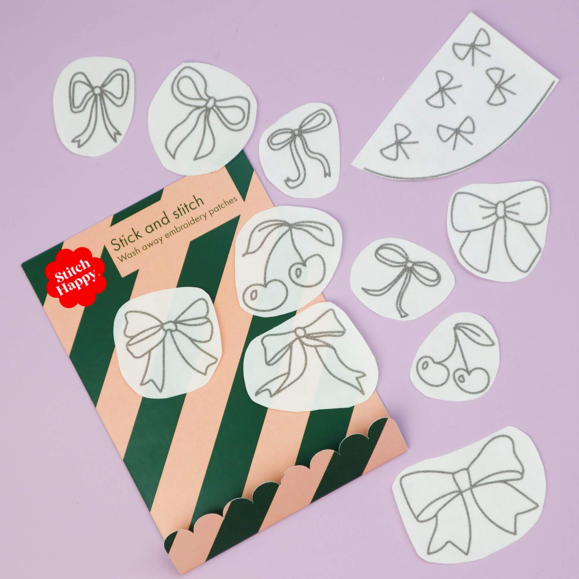 Cherries & Bows Stick and Stitch Embroidery Patches – Wash Away Designs for Clothing & Accessories - Stitch Happy.
