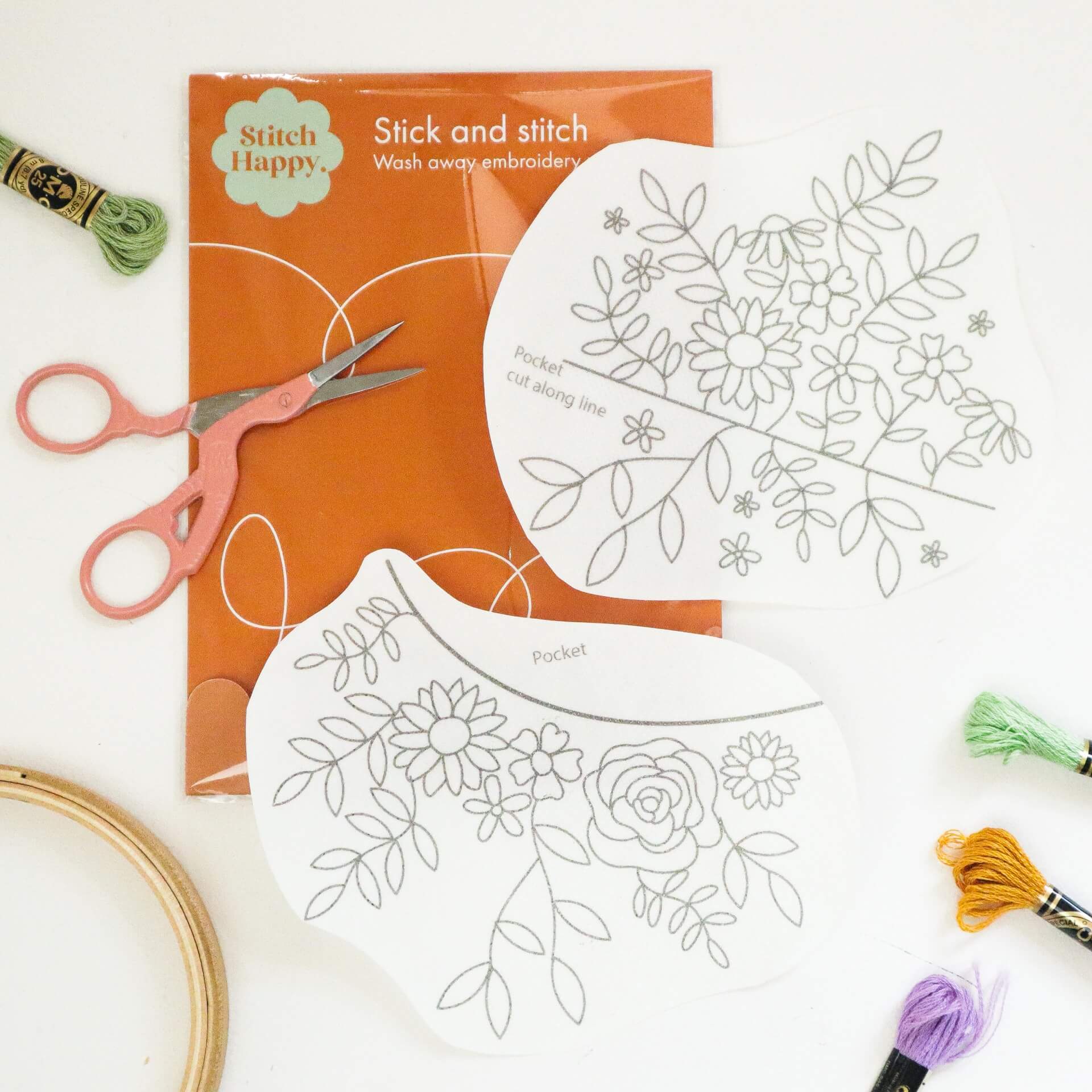 Stick and stitch wash away embroidery patterns - florals for pockets - Stitch Happy.