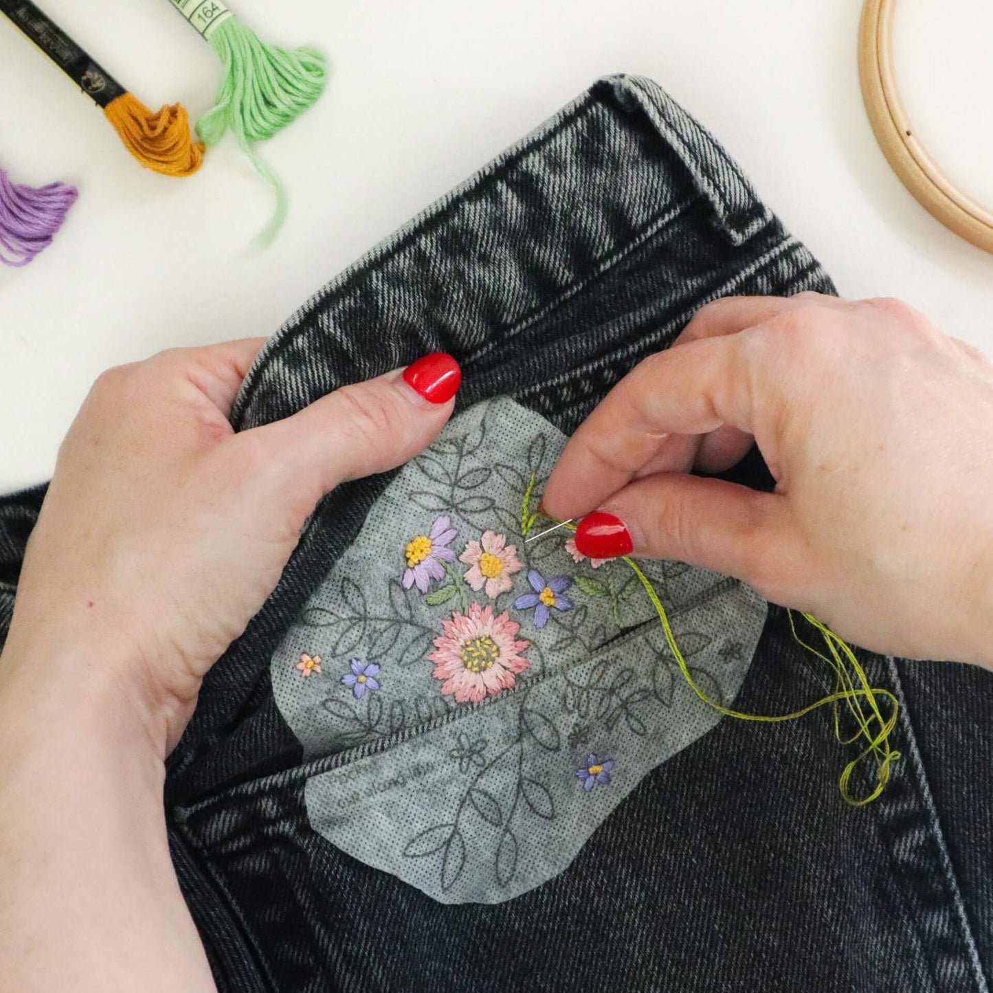 Stick and stitch wash away embroidery patterns - florals for pockets - Stitch Happy.