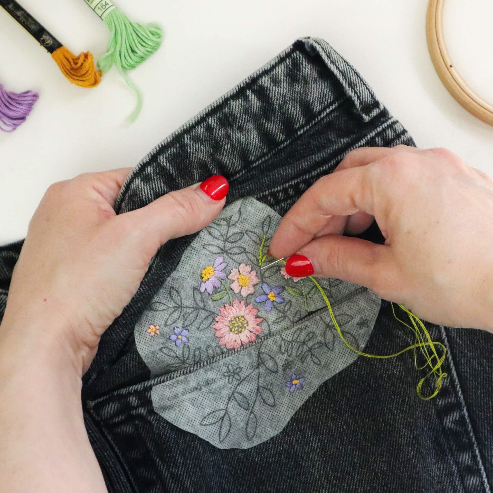 Stick and stitch wash away embroidery patterns - florals for pockets - Stitch Happy.