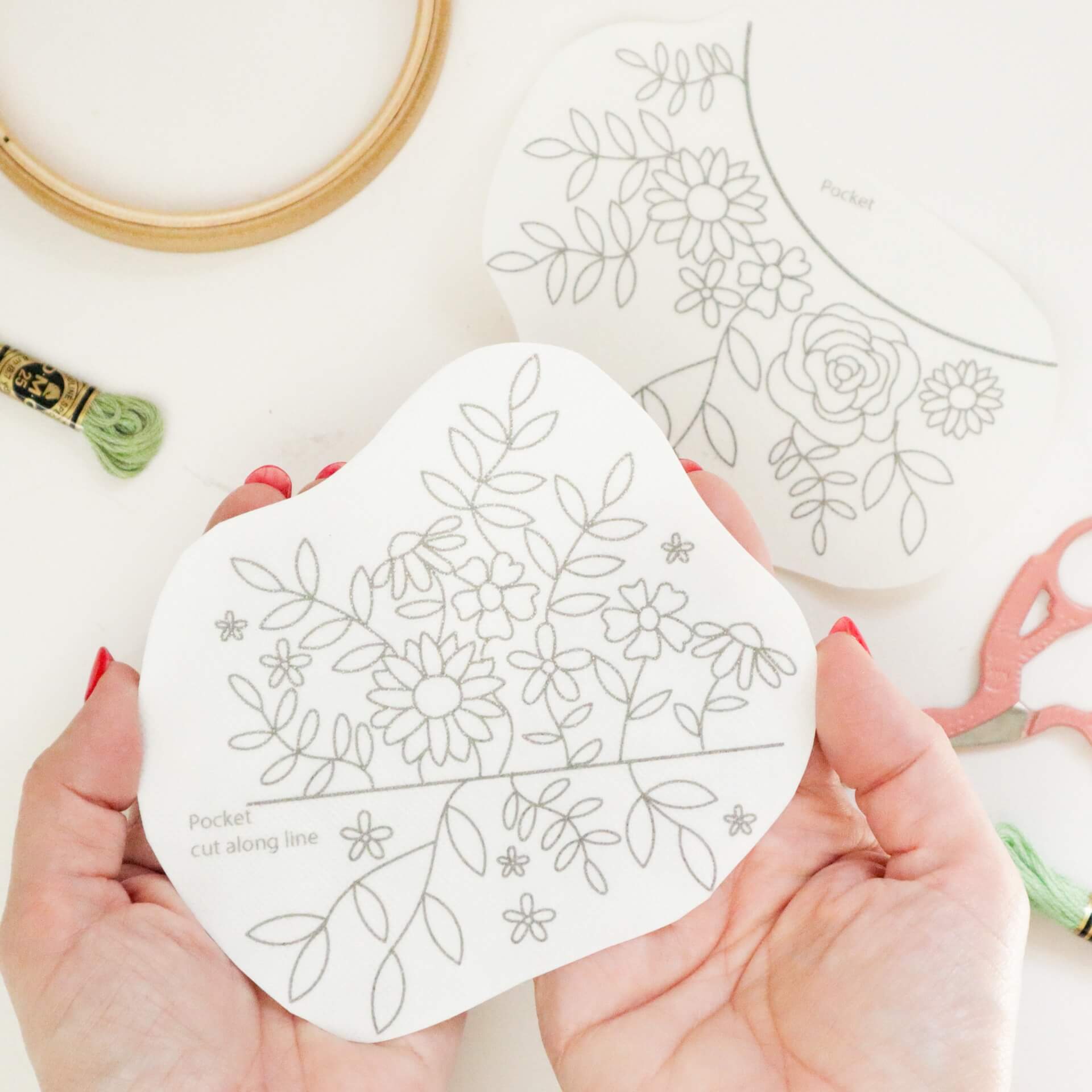 Stick and stitch wash away embroidery patterns - florals for pockets - Stitch Happy.