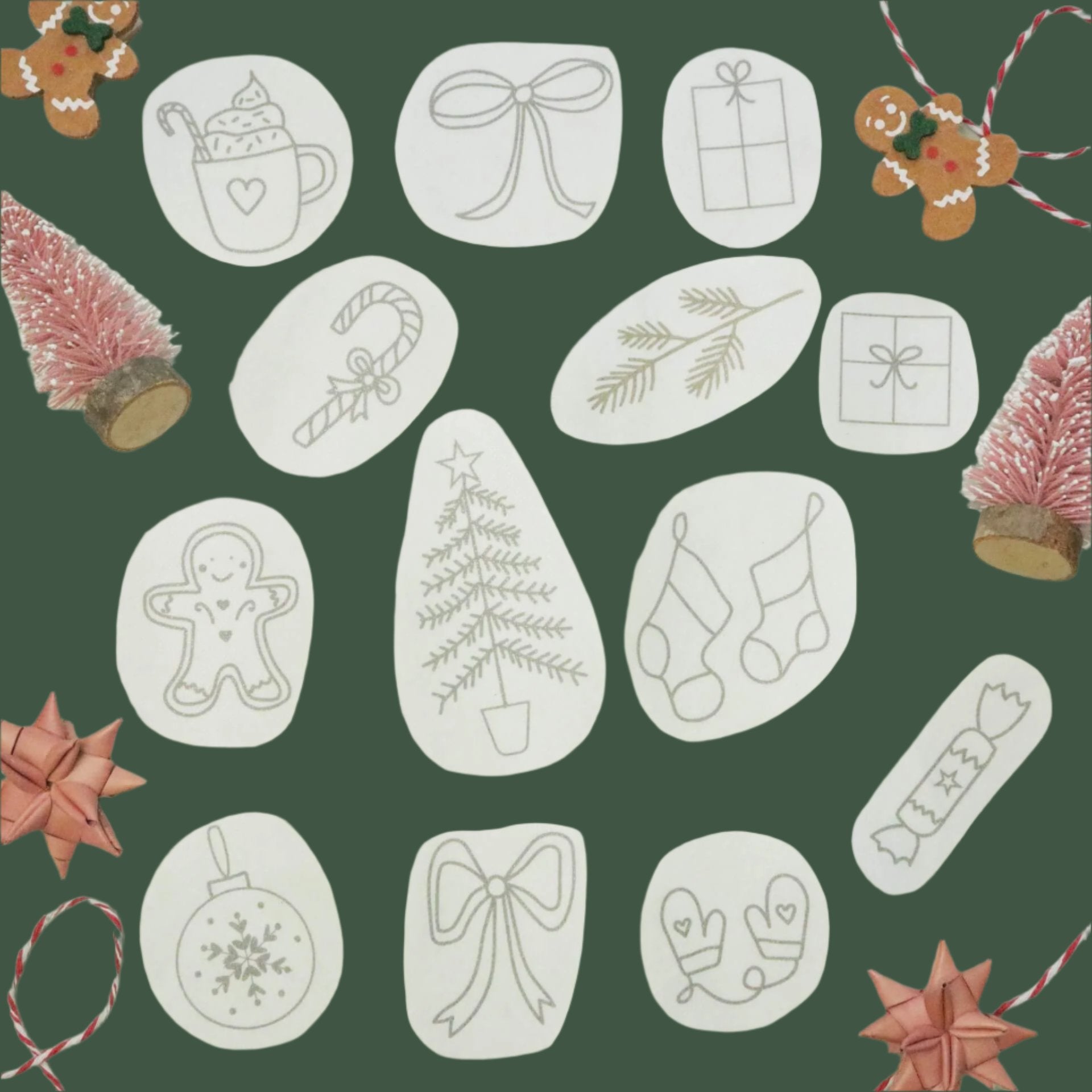 Christmas stick and stitch embroidery templates - Stockings, bows and Christmas tree - Stitch Happy.