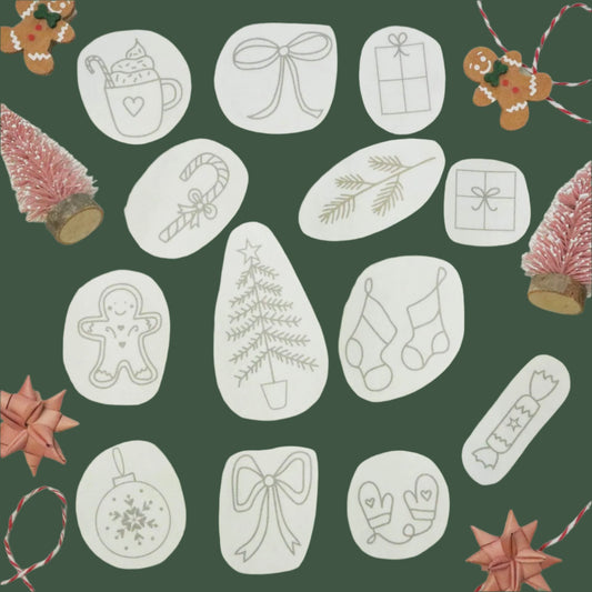 Christmas stick and stitch embroidery templates - Stockings, bows and Christmas tree - Stitch Happy.