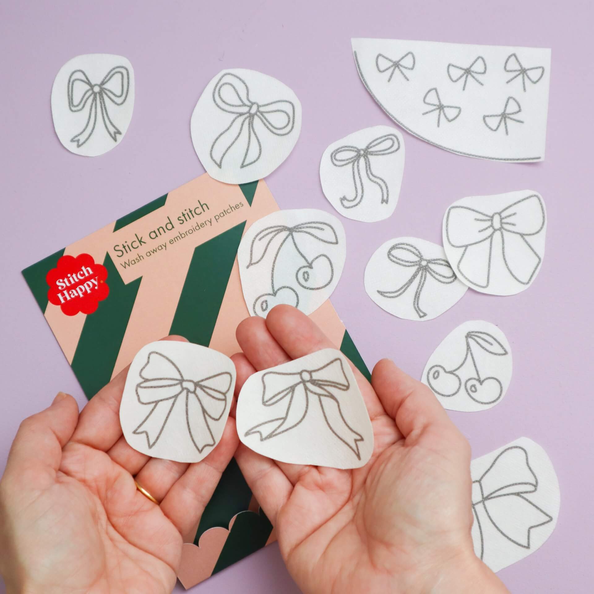 Cherries & Bows Stick and Stitch Embroidery Patches – Wash Away Designs for Clothing & Accessories - Stitch Happy.