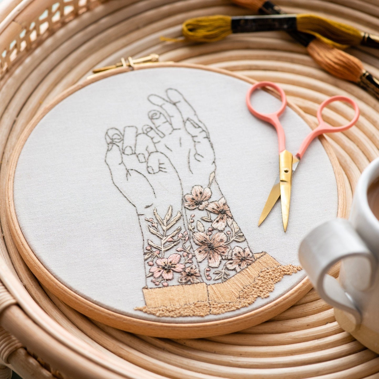 FRENCH Embroidery Kit Tattooed Arms Full kit with Pattern. Modern Eco-Friendly Sustainable, Modern Needle craft Kit, hand embroidery kit - Stitch Happy.