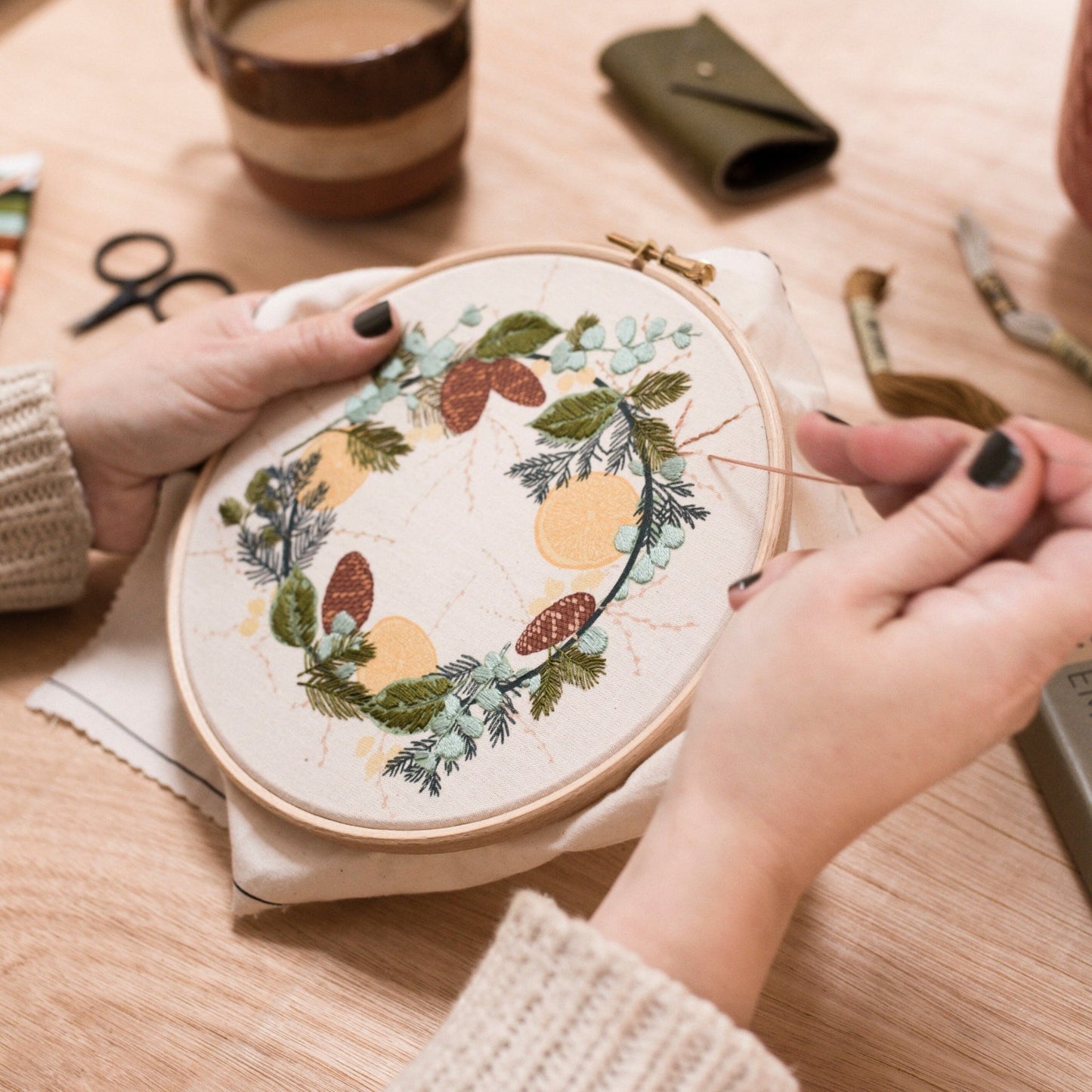 FRENCH Wild Wreath Embroidery Kit with Pre-Printed Fabric, Eco-Friendly - Sustainable, Modern Needle Craft Kit, Hand Embroidery Kit. - Stitch Happy.